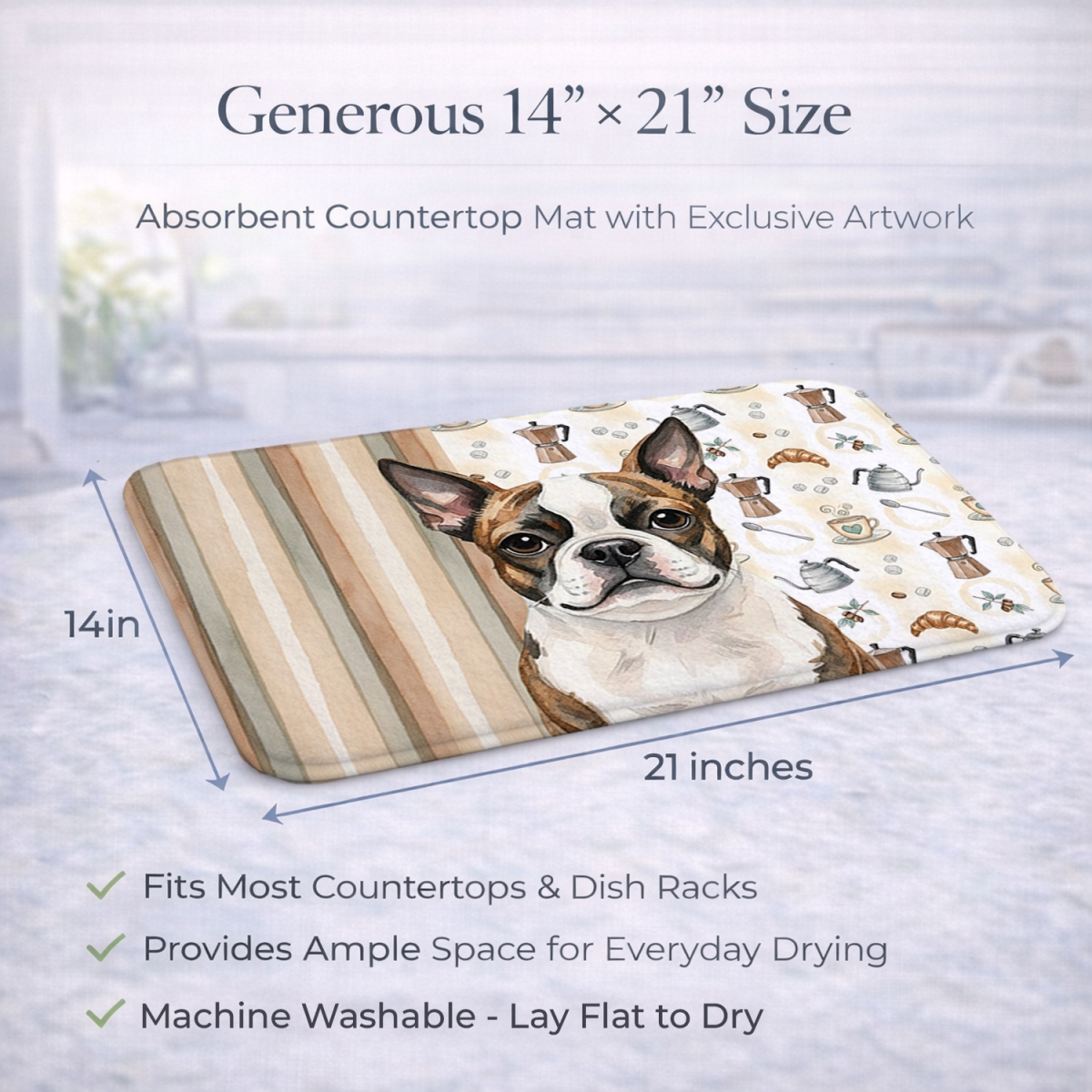 Picture of Carolines Treasures WDK7331DDM 21 x 14 in. Brindle Boston Terrier Coffee Bar Dish Drying Mat