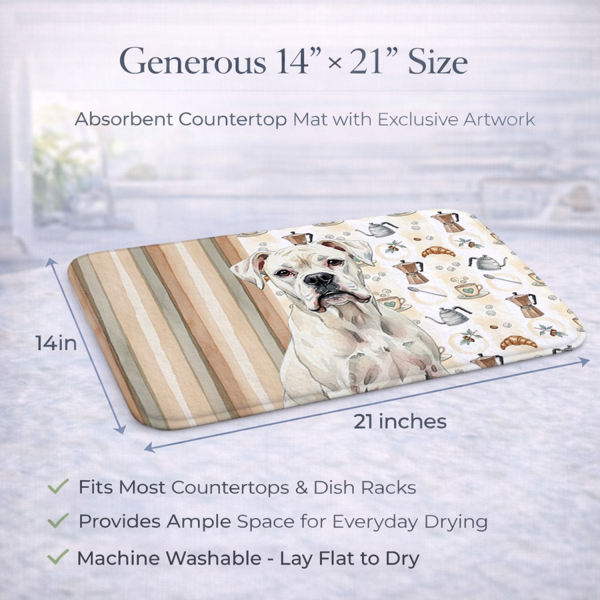 Picture of Carolines Treasures WDK7337DDM 21 x 14 in. White Boxer Coffee Bar Dish Drying Mat