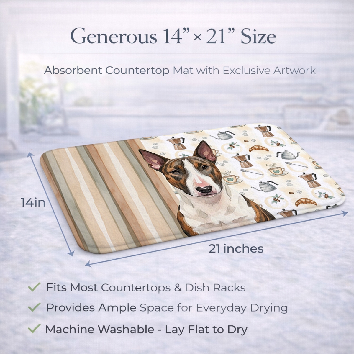 Picture of Carolines Treasures WDK7349DDM 21 x 14 in. Brindle & White Bull Terrier Coffee Bar Dish Drying Mat