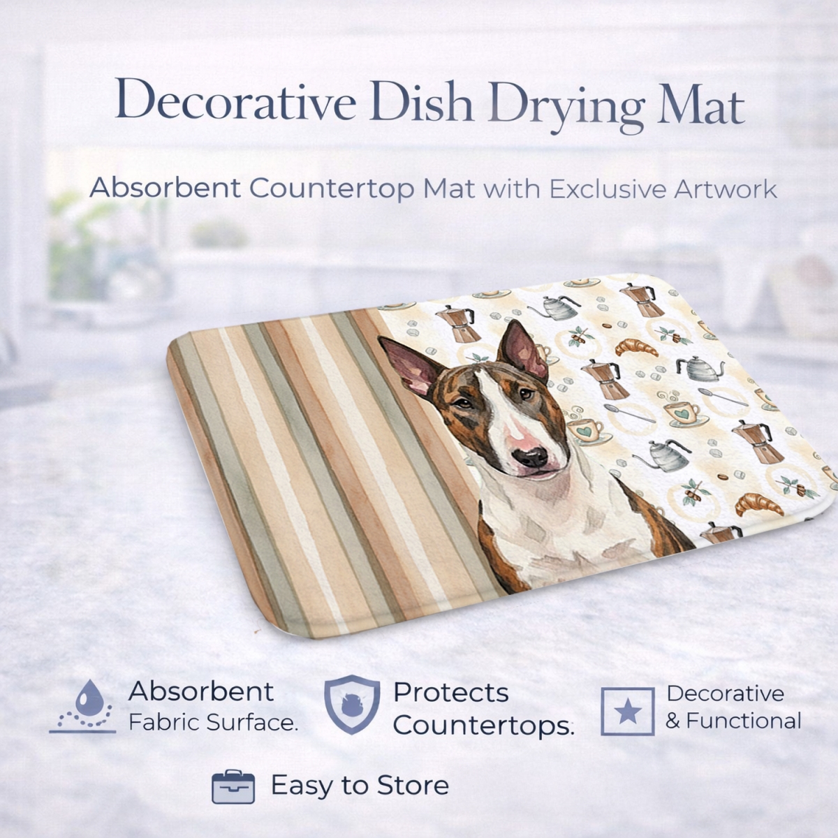 Picture of Carolines Treasures WDK7349DDM 21 x 14 in. Brindle & White Bull Terrier Coffee Bar Dish Drying Mat