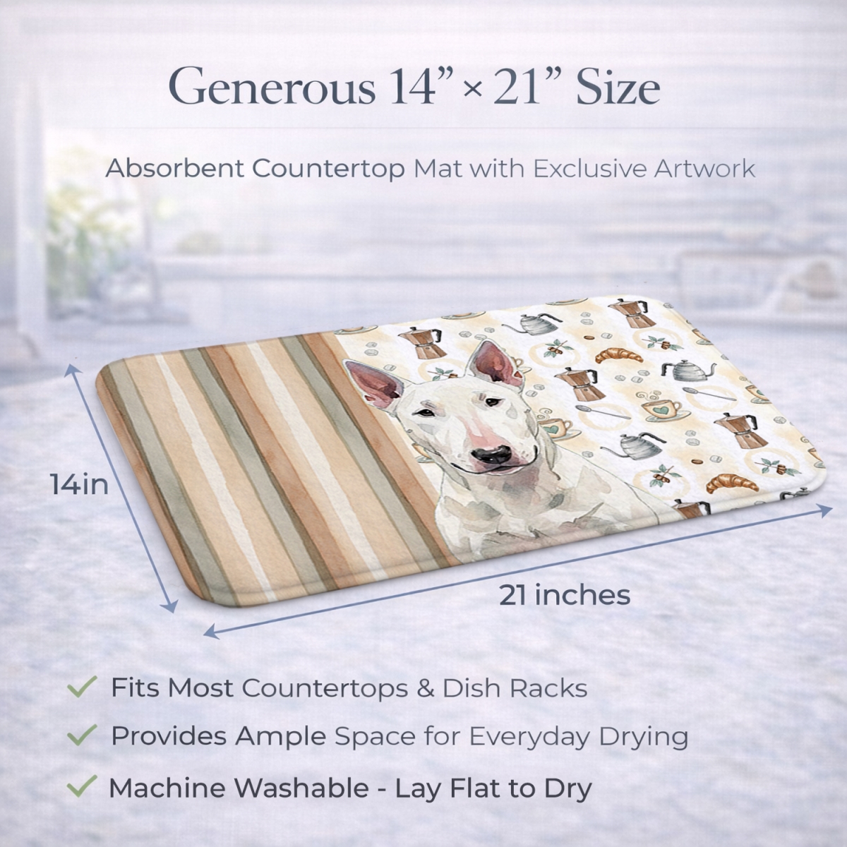 Picture of Carolines Treasures WDK7352DDM 21 x 14 in. White Bull Terrier Coffee Bar Dish Drying Mat