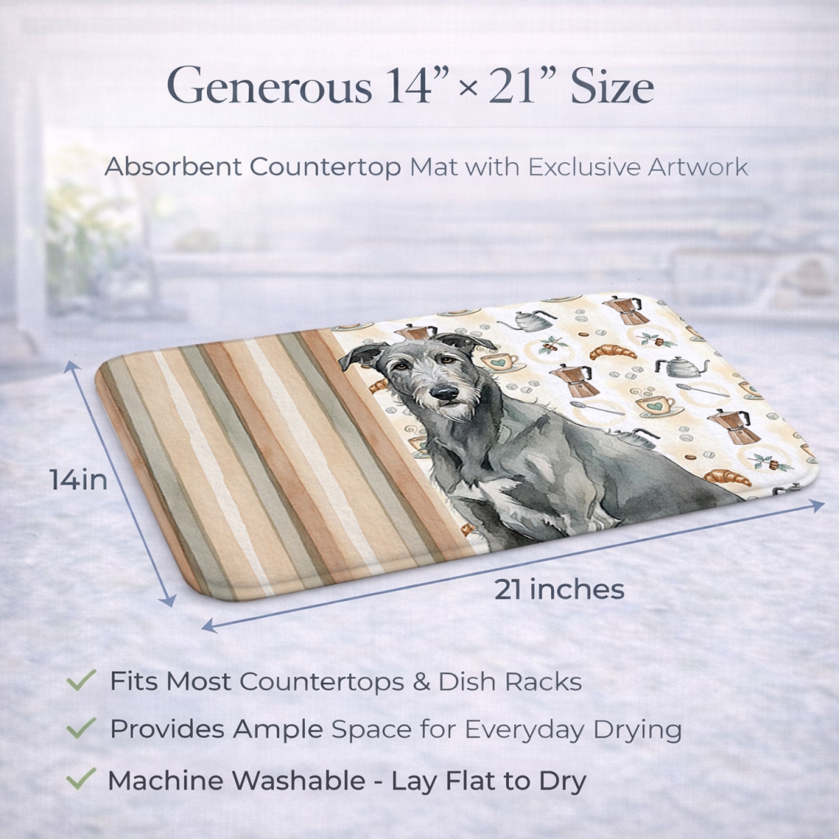 Picture of Carolines Treasures WDK7475DDM 21 x 14 in. Gray Irish Wolfhound Coffee Bar Dish Drying Mat