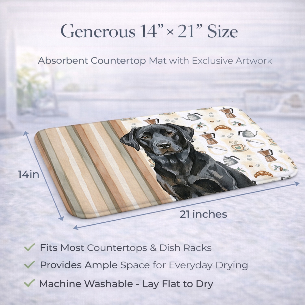 Picture of Carolines Treasures WDK7492DDM 21 x 14 in. Black Labrador Retriever Coffee Bar Dish Drying Mat