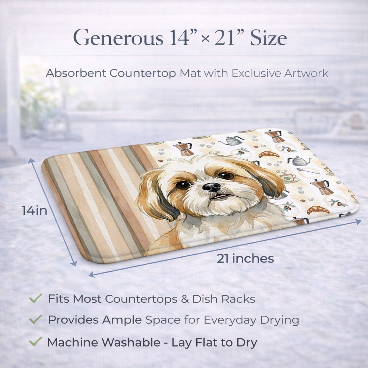 Picture of Carolines Treasures WDK7618DDM 21 x 14 in. Gold & White Shih Tzu Coffee Bar Dish Drying Mat