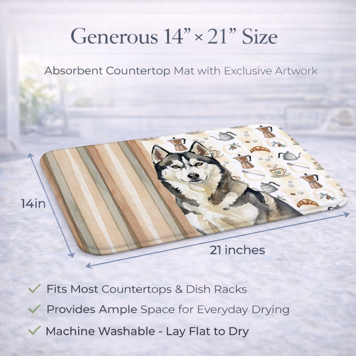 Picture of Carolines Treasures WDK7620DDM 21 x 14 in. Agouti Siberian Husky Coffee Bar Dish Drying Mat