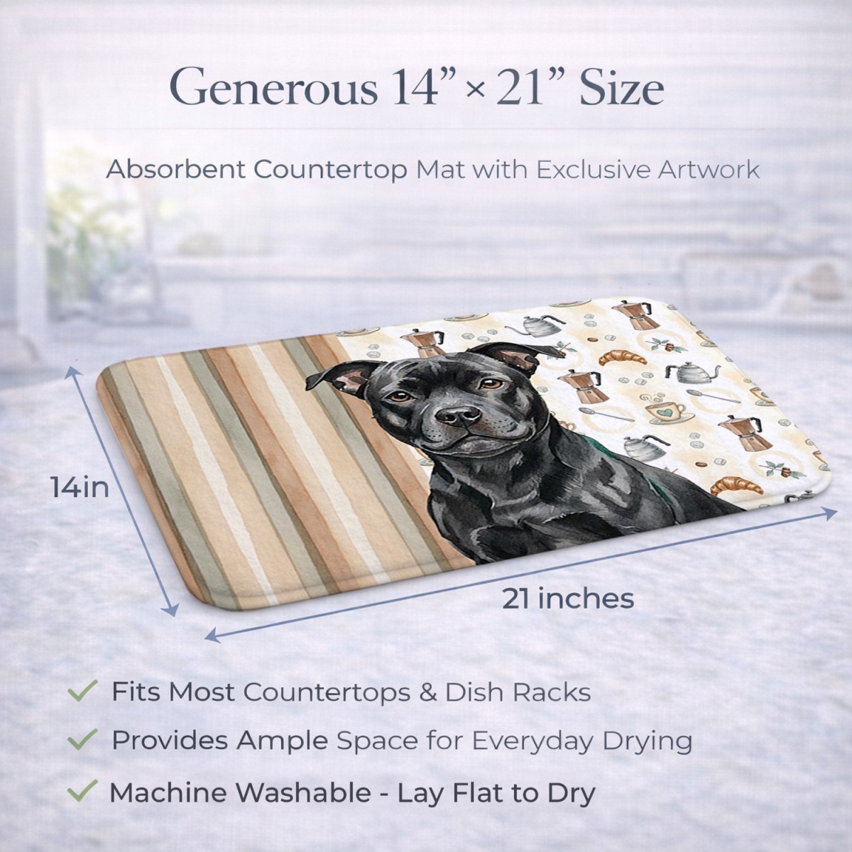 Picture of Carolines Treasures WDK7628DDM 21 x 14 in. Black Staffordshire Bull Terrier Coffee Bar Dish Drying Mat
