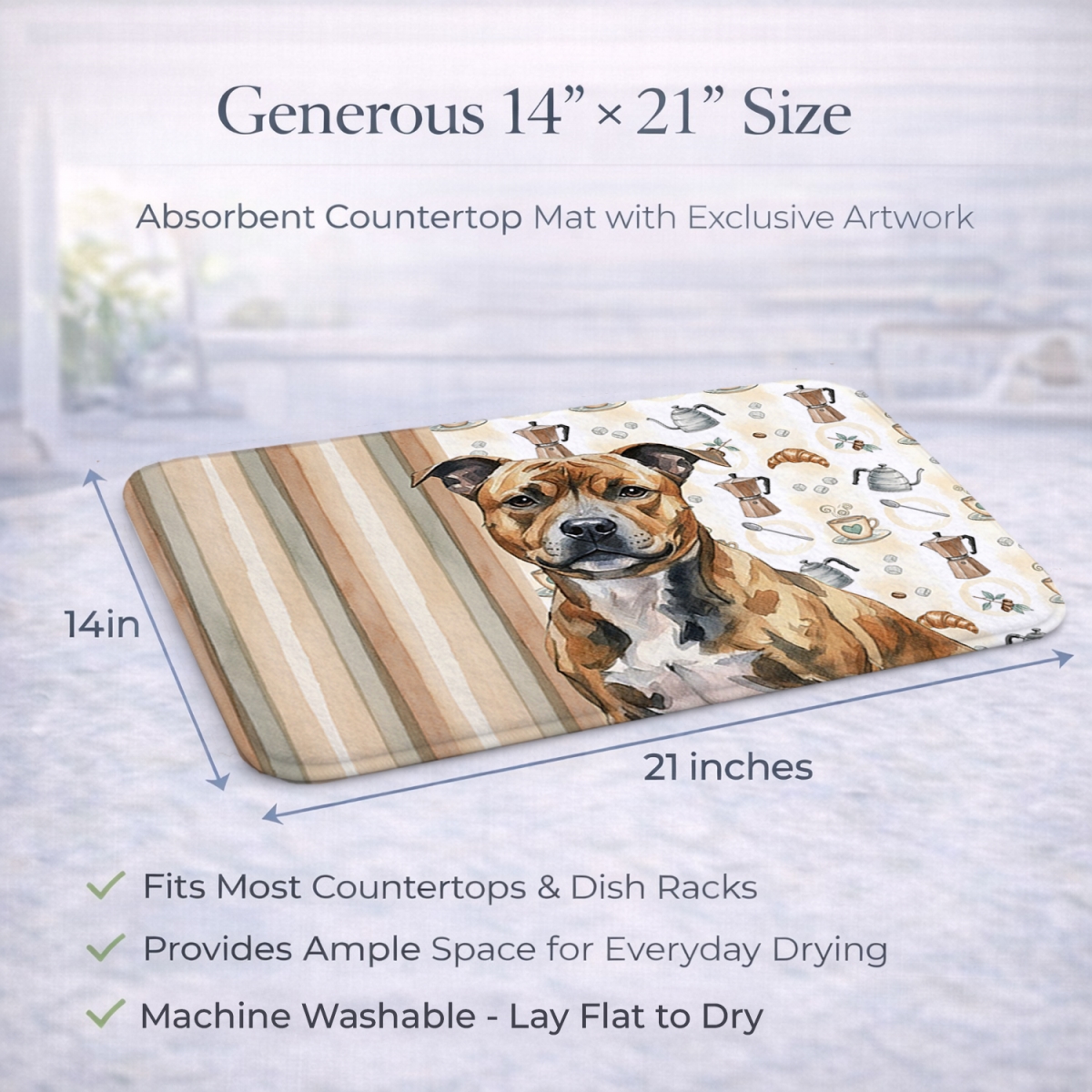 Picture of Carolines Treasures WDK7629DDM 21 x 14 in. Brindle Staffordshire Bull Terrier Coffee Bar Dish Drying Mat