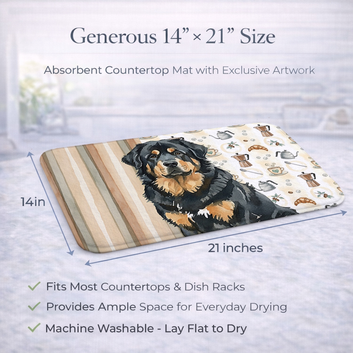 Picture of Carolines Treasures WDK7634DDM 21 x 14 in. Black & Tan Tibetan Mastiff Coffee Bar Dish Drying Mat