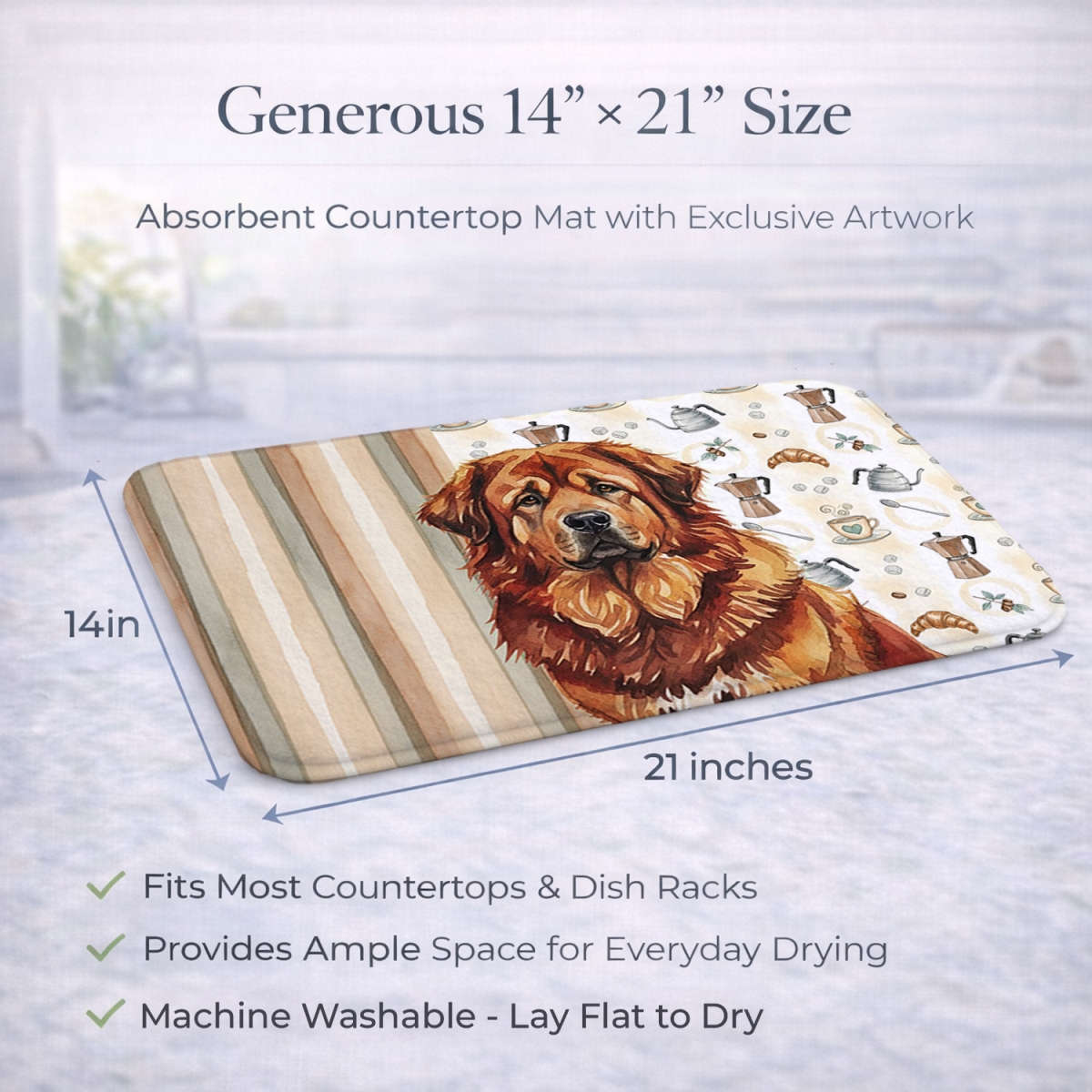 Picture of Carolines Treasures WDK7636DDM 21 x 14 in. Red Gold Tibetan Mastiff Coffee Bar Dish Drying Mat