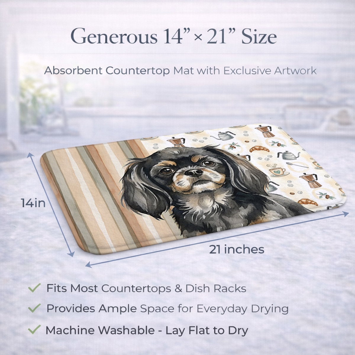 Picture of Carolines Treasures WDK7637DDM 21 x 14 in. Black & Tan Tibetan Spaniel Coffee Bar Dish Drying Mat
