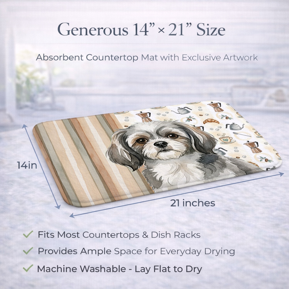 Picture of Carolines Treasures WDK7641DDM 21 x 14 in. Gray & White Tibetan Spaniel Coffee Bar Dish Drying Mat