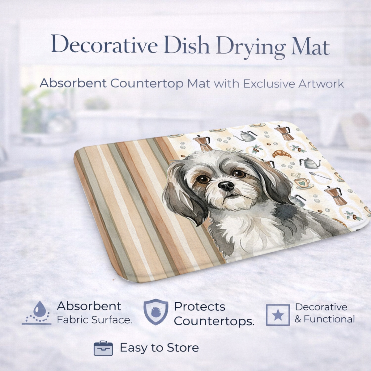 Picture of Carolines Treasures WDK7641DDM 21 x 14 in. Gray & White Tibetan Spaniel Coffee Bar Dish Drying Mat