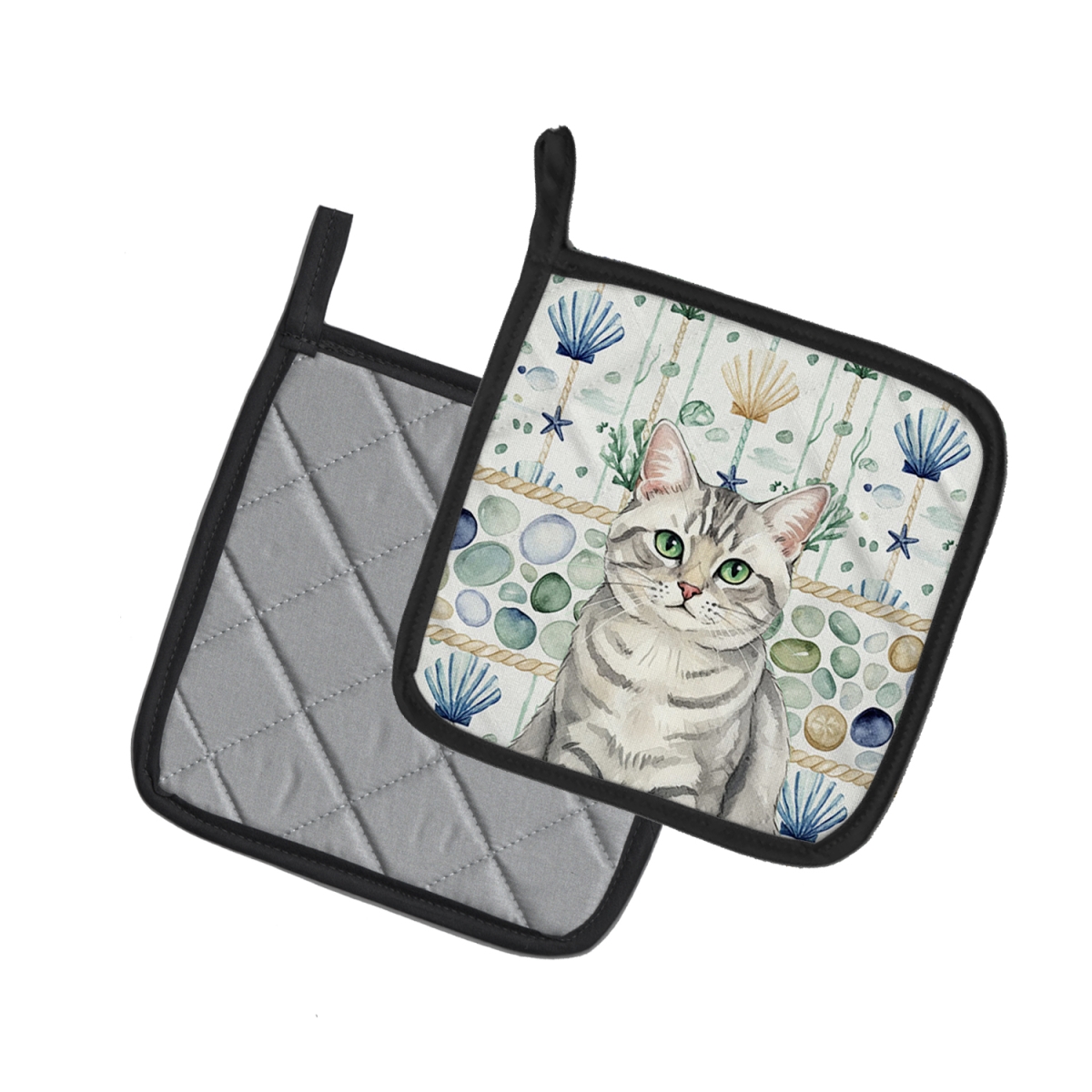 Picture of Carolines Treasures FNT1360PTHD 7.5 x 7.5 in. Silver Mackerel Tabby Cat Coastal Sea Glass Pot Holders, Pack of 2