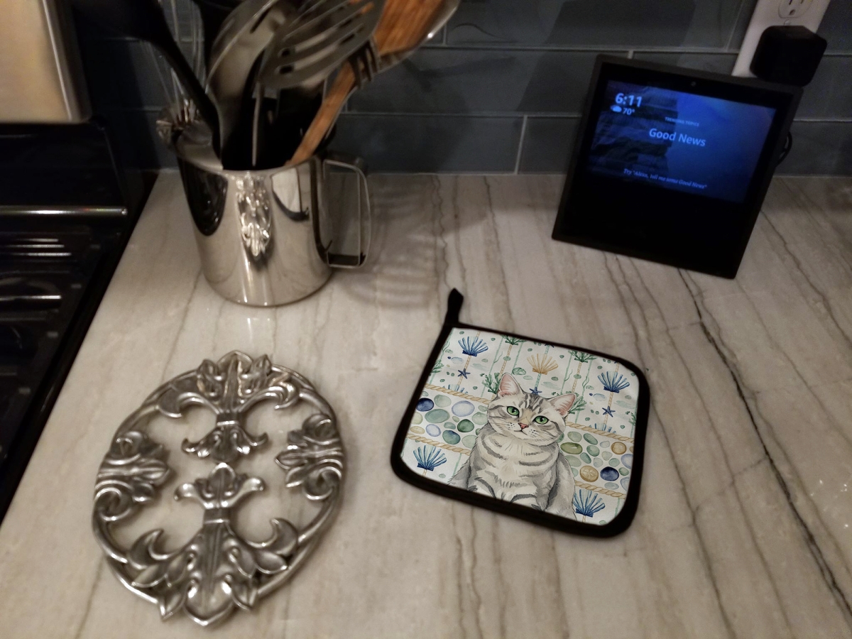 Picture of Carolines Treasures FNT1360PTHD 7.5 x 7.5 in. Silver Mackerel Tabby Cat Coastal Sea Glass Pot Holders, Pack of 2