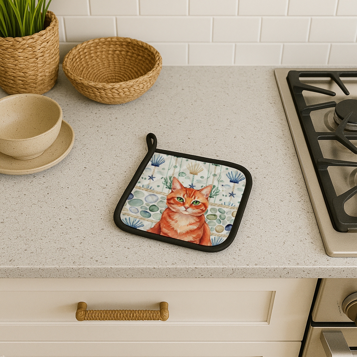 Picture of Carolines Treasures FNT1364PTHD 7.5 x 7.5 in. Solid Red Ginger Cat Coastal Sea Glass Pot Holders, Pack of 2