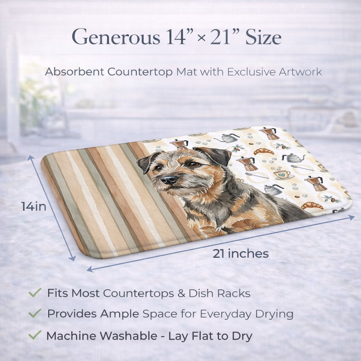 Picture of Carolines Treasures WDK7326DDM 21 x 14 in. Grizzle & Tan Border Terrier Coffee Bar Dish Drying Mat
