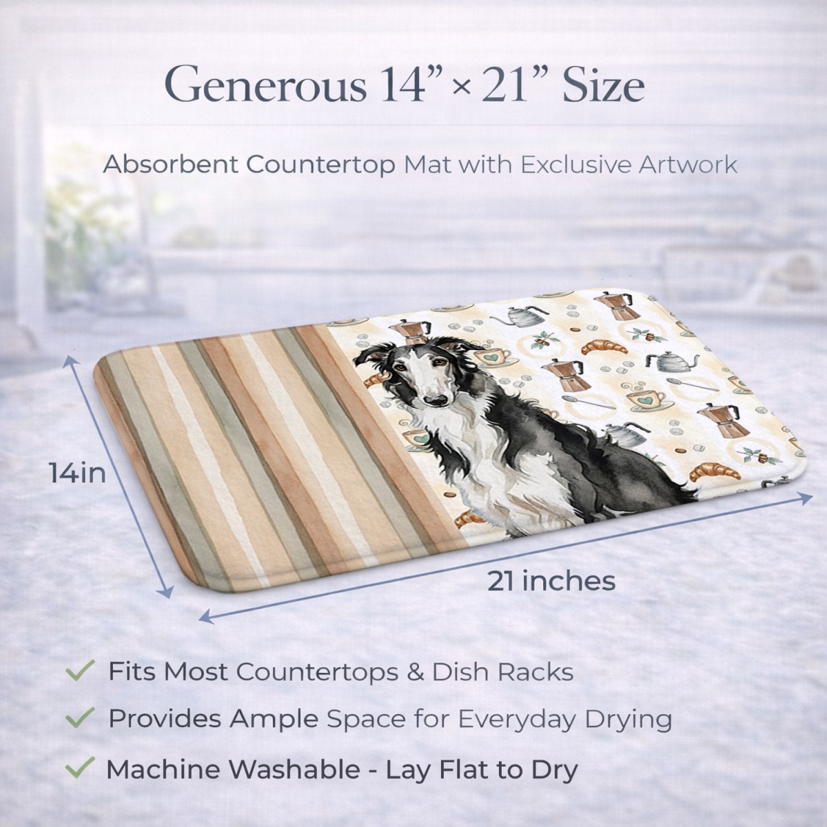 Picture of Carolines Treasures WDK7329DDM 21 x 14 in. Black & White Borzoi Coffee Bar Dish Drying Mat