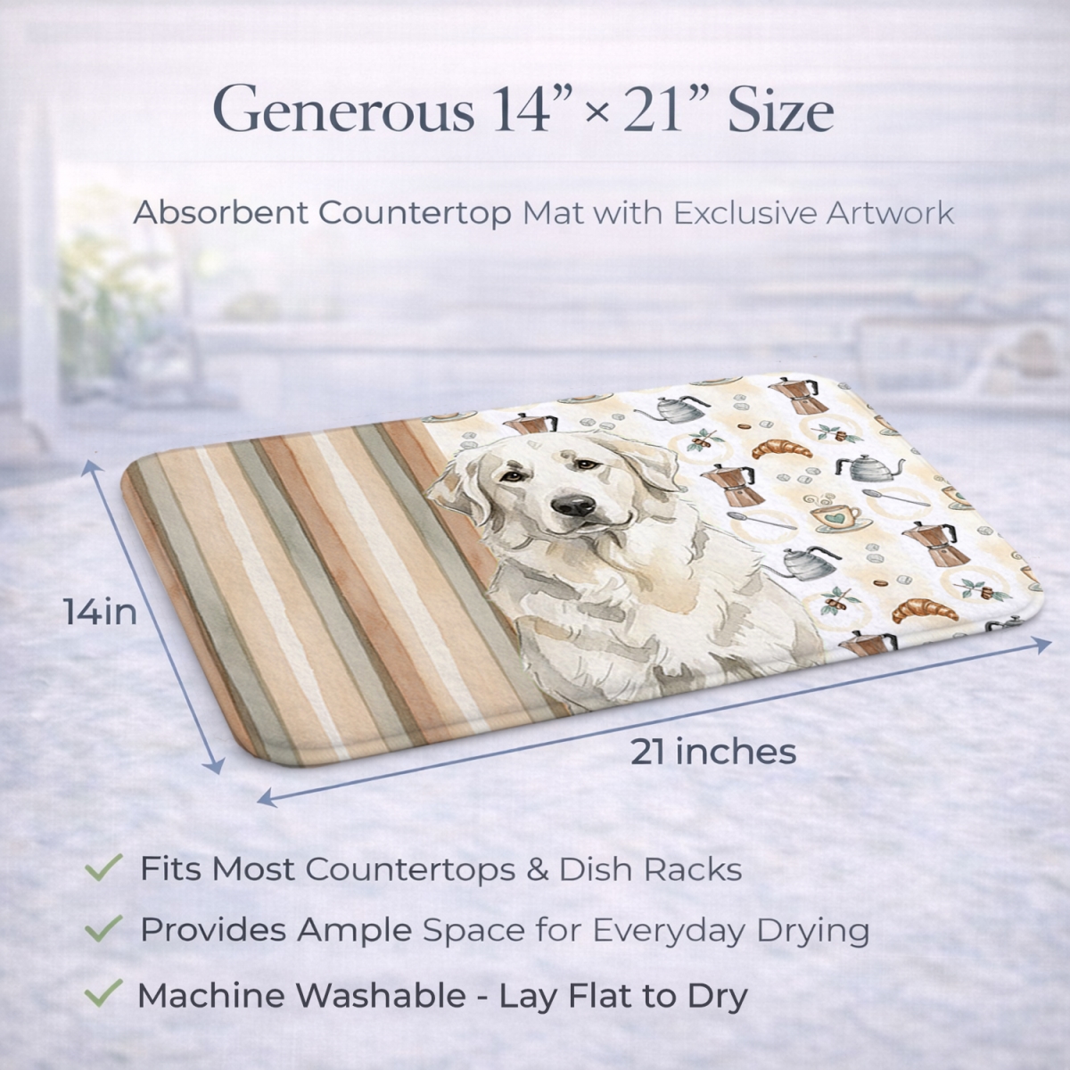 Picture of Carolines Treasures WDK7458DDM 21 x 14 in. White Great Pyrenees Coffee Bar Dish Drying Mat