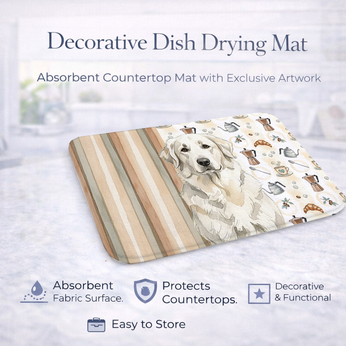 Picture of Carolines Treasures WDK7458DDM 21 x 14 in. White Great Pyrenees Coffee Bar Dish Drying Mat