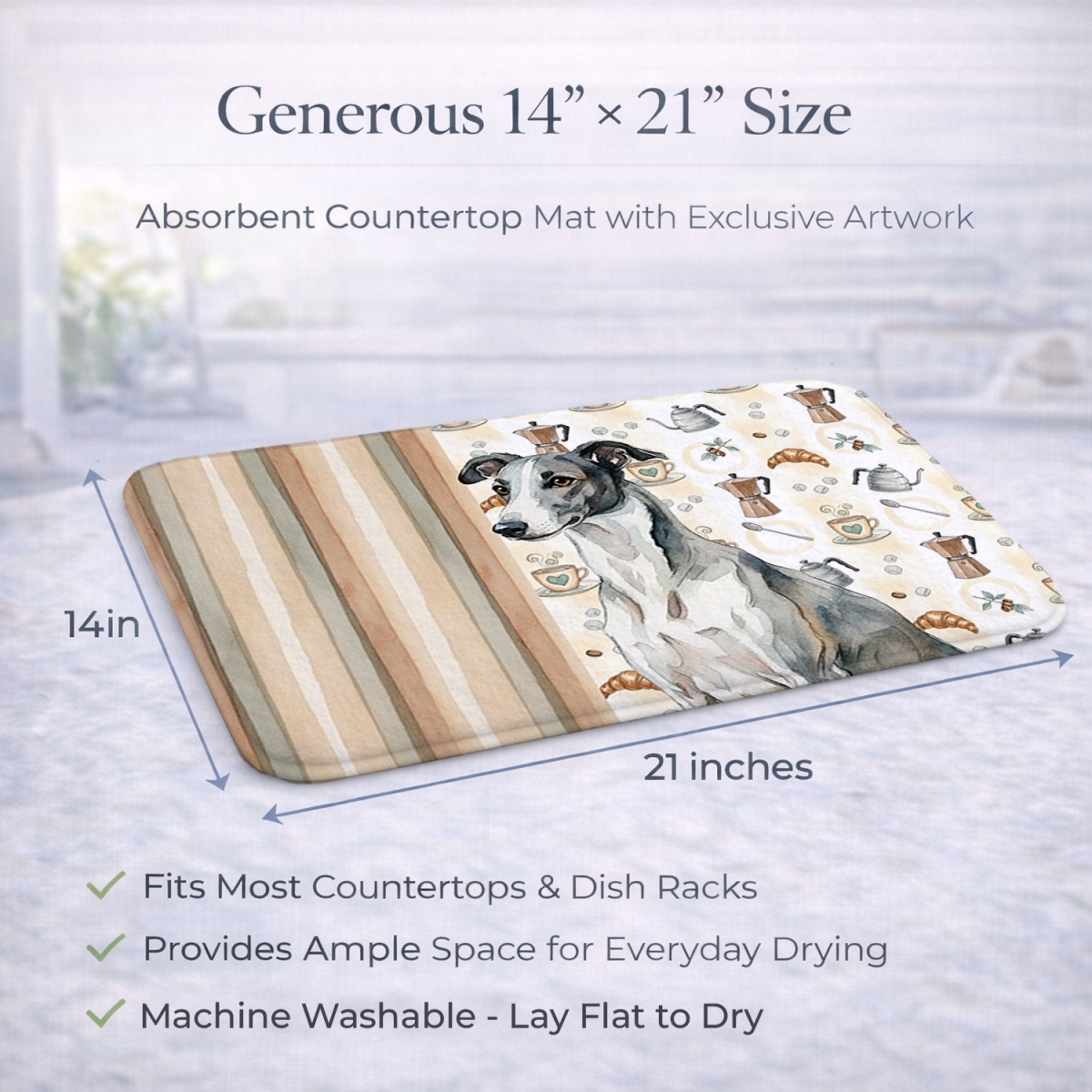 Picture of Carolines Treasures WDK7460DDM 21 x 14 in. Black & White Greyhound Coffee Bar Dish Drying Mat