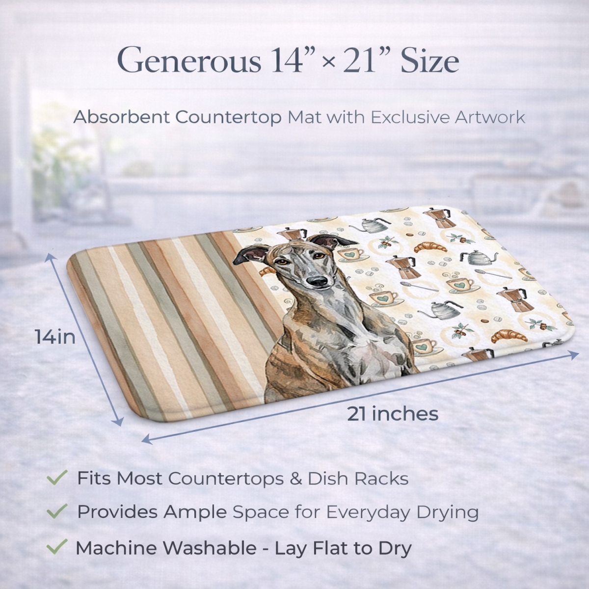 Picture of Carolines Treasures WDK7463DDM 21 x 14 in. Brindle Greyhound Coffee Bar Dish Drying Mat