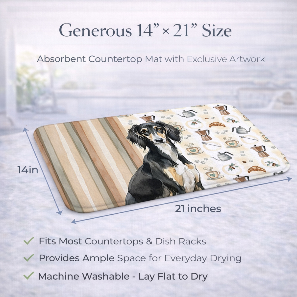 Picture of Carolines Treasures WDK7594DDM 21 x 14 in. Black & Tan Saluki Coffee Bar Dish Drying Mat