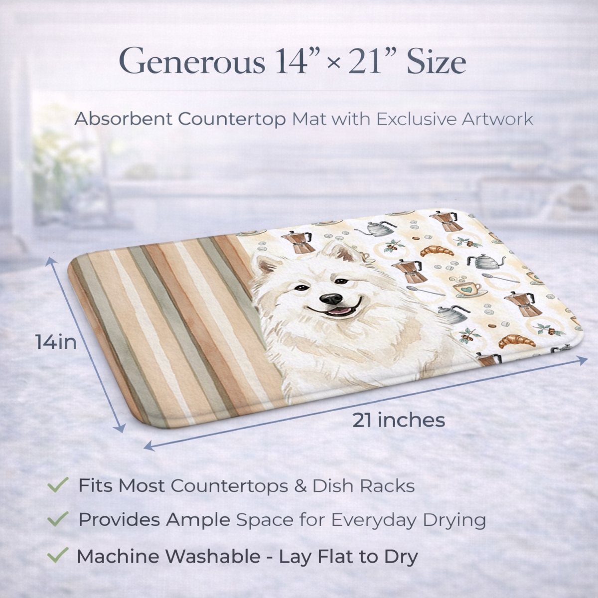 Picture of Carolines Treasures WDK7598DDM 21 x 14 in. Cream Samoyed Coffee Bar Dish Drying Mat