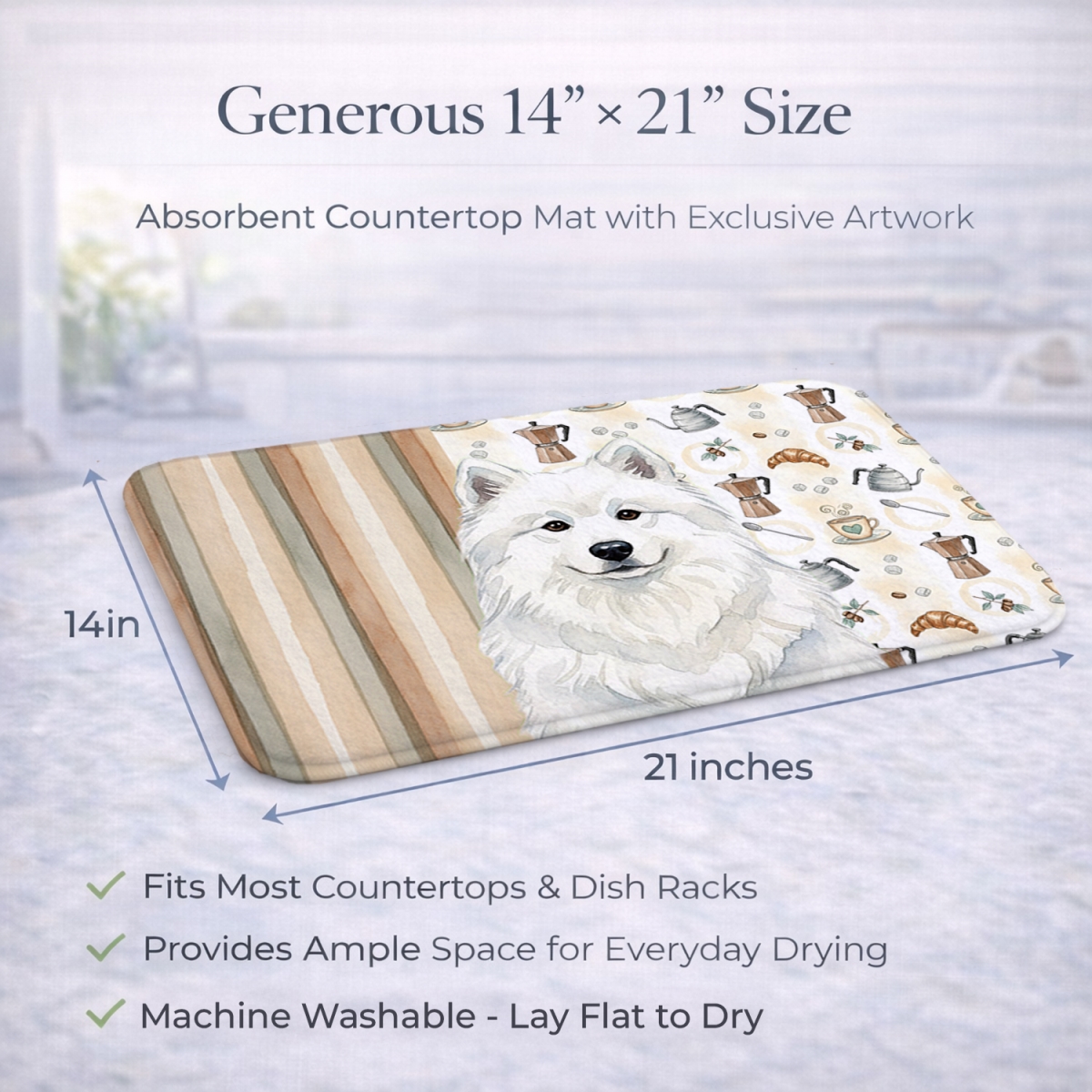 Picture of Carolines Treasures WDK7599DDM 21 x 14 in. White Samoyed Coffee Bar Dish Drying Mat