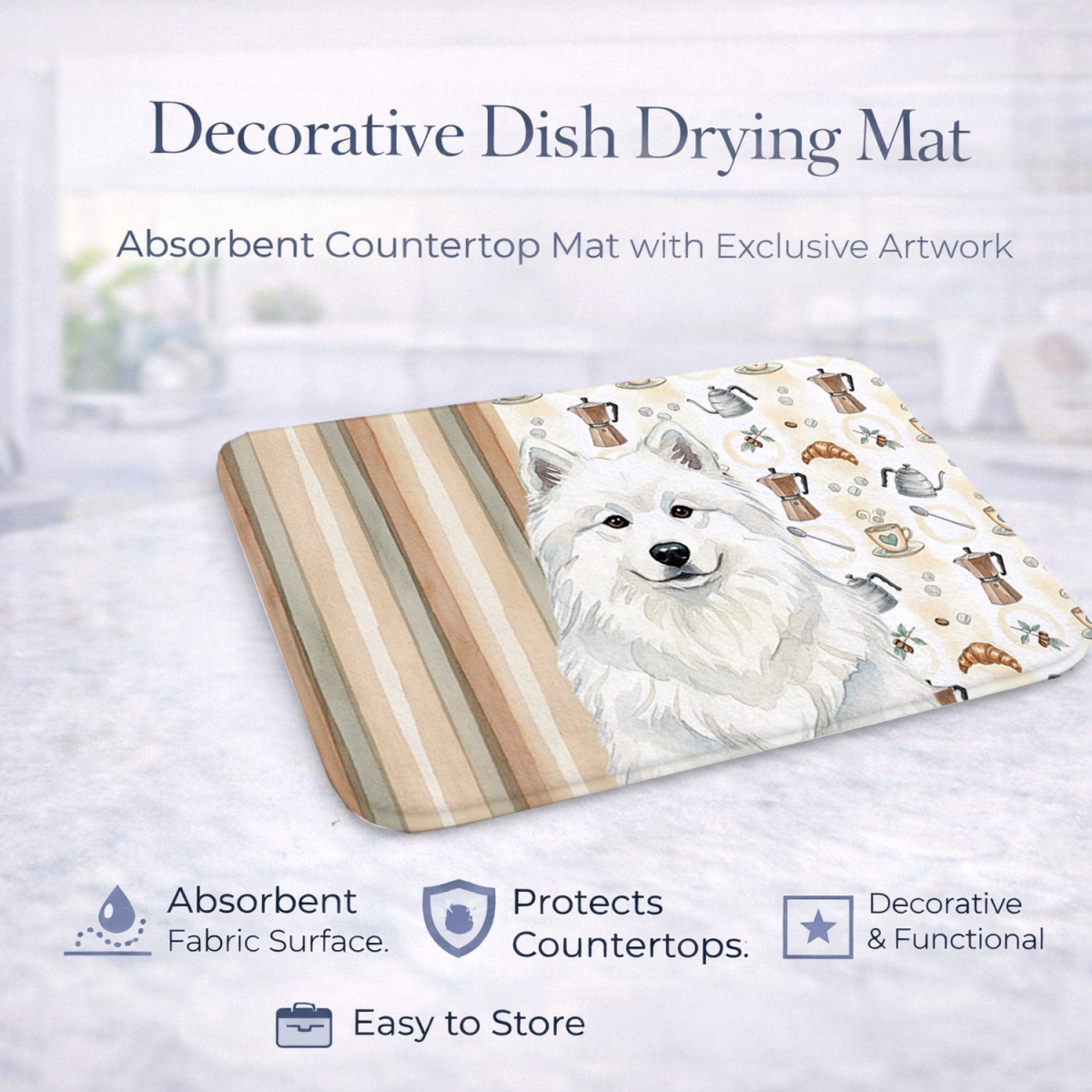 Picture of Carolines Treasures WDK7599DDM 21 x 14 in. White Samoyed Coffee Bar Dish Drying Mat