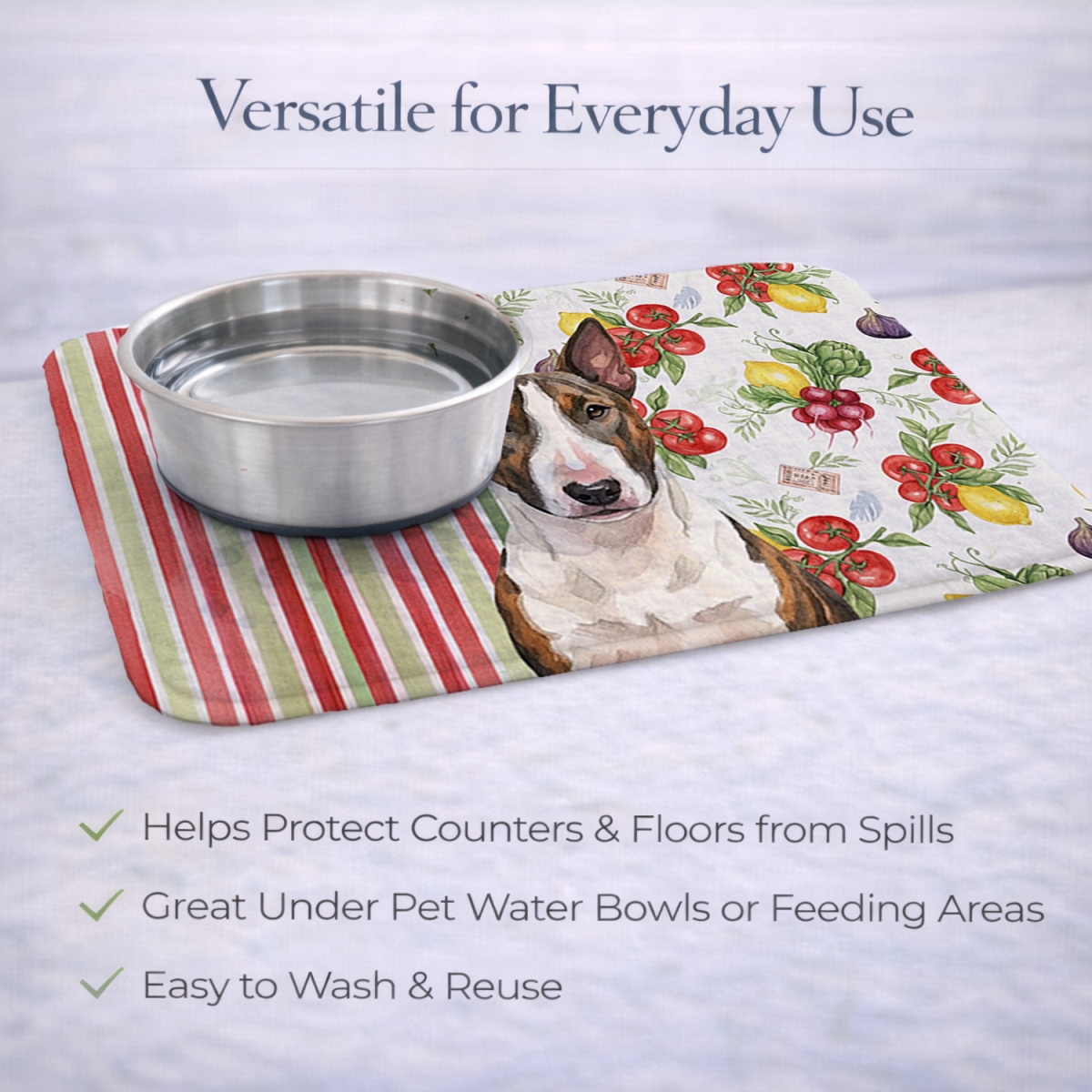 Picture of Carolines Treasures WDK8149DDM 21 x 14 in. Brindle & White Bull Terrier Vegetables Dish Drying Mat
