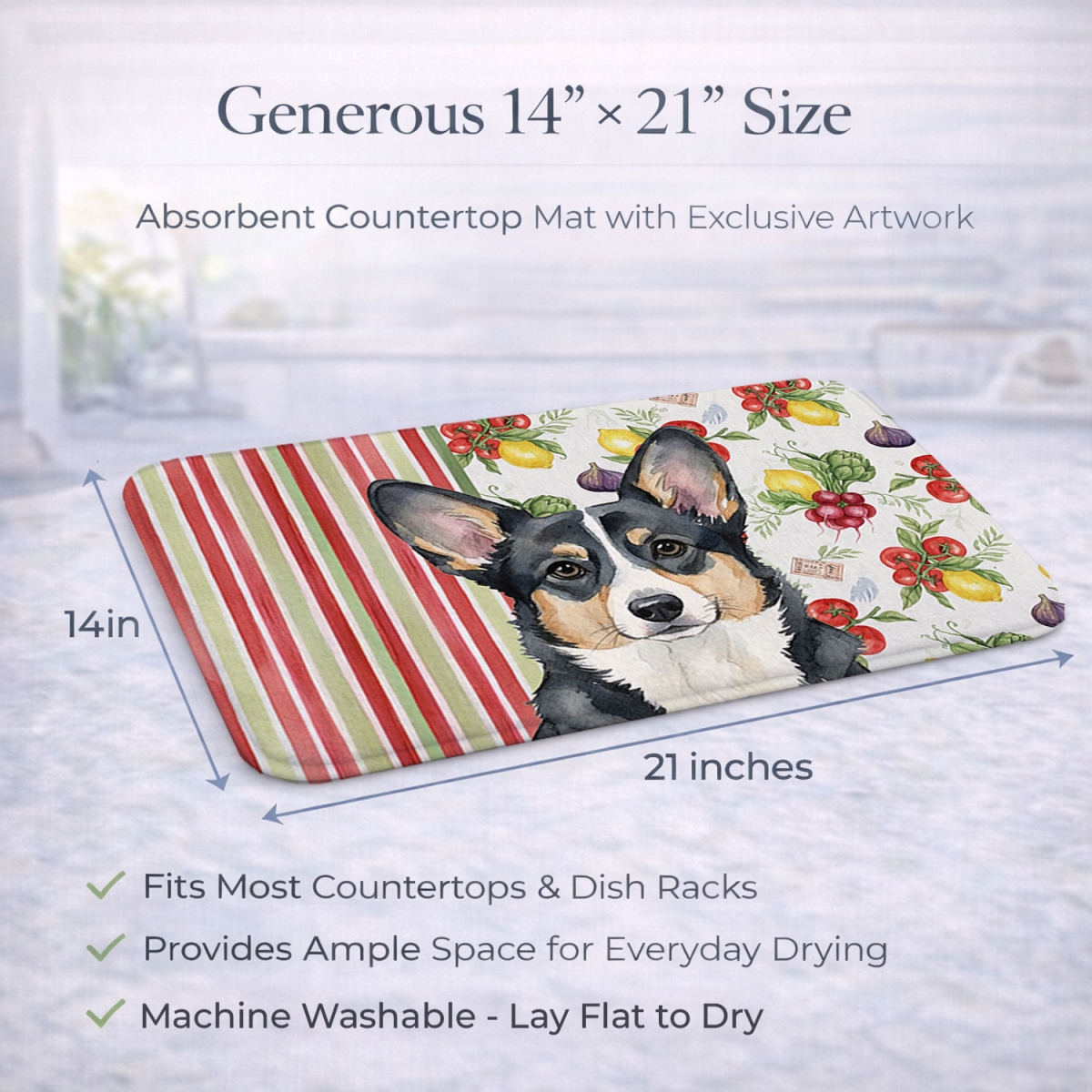 Picture of Carolines Treasures WDK8158DDM 21 x 14 in. Black & White Cardigan Welsh Corgi Vegetables Dish Drying Mat