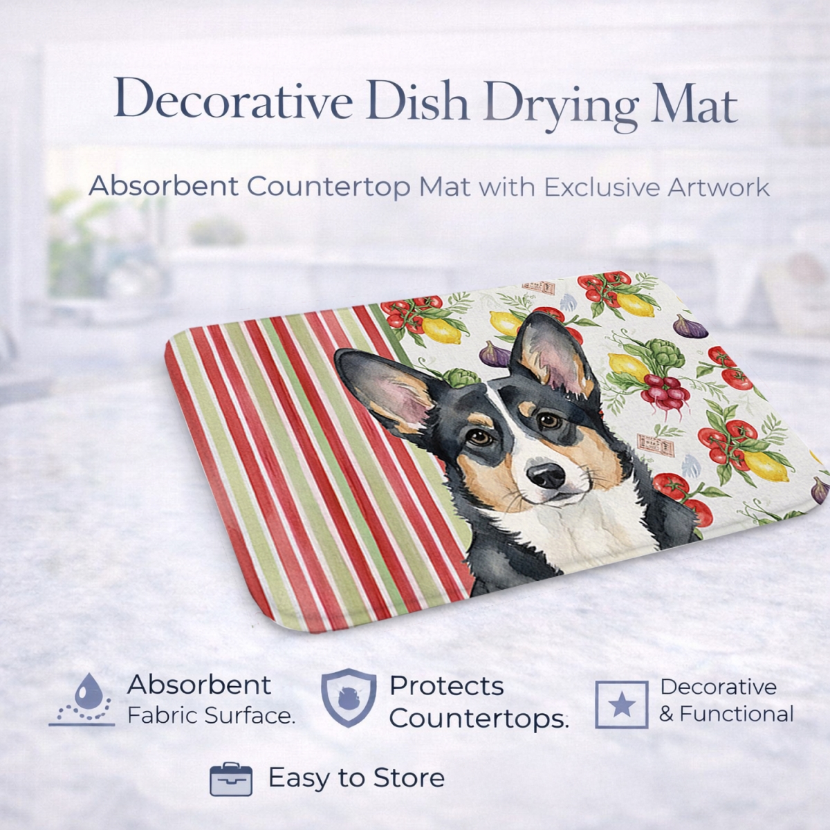 Picture of Carolines Treasures WDK8158DDM 21 x 14 in. Black & White Cardigan Welsh Corgi Vegetables Dish Drying Mat
