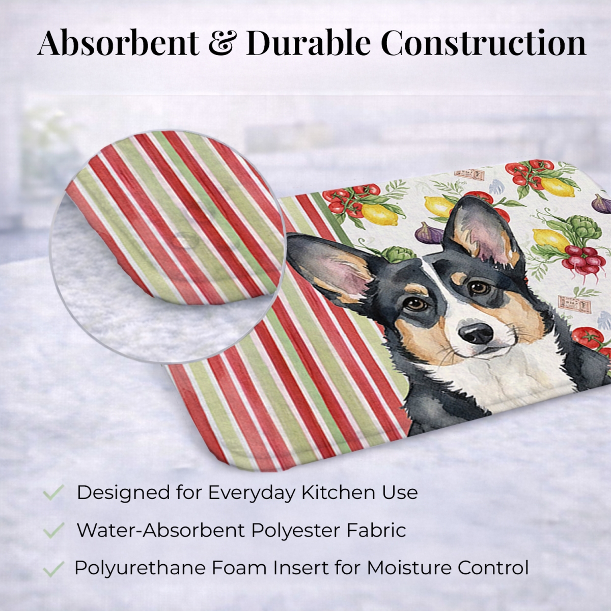 Picture of Carolines Treasures WDK8158DDM 21 x 14 in. Black & White Cardigan Welsh Corgi Vegetables Dish Drying Mat
