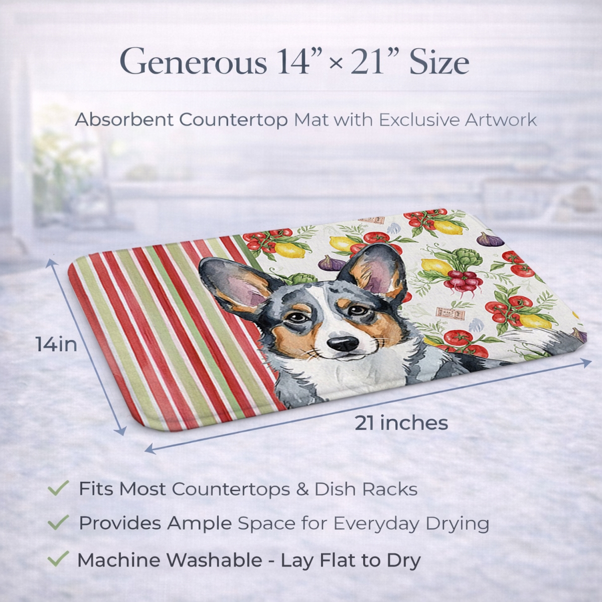 Picture of Carolines Treasures WDK8159DDM 21 x 14 in. Blue Merle Cardigan Welsh Corgi Vegetables Dish Drying Mat