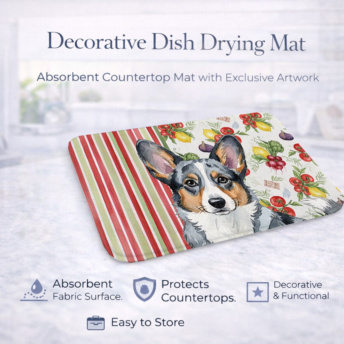 Picture of Carolines Treasures WDK8159DDM 21 x 14 in. Blue Merle Cardigan Welsh Corgi Vegetables Dish Drying Mat