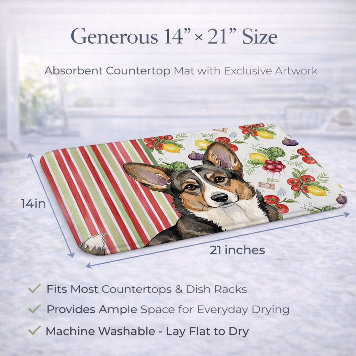 Picture of Carolines Treasures WDK8160DDM 21 x 14 in. Brindle Cardigan Welsh Corgi Vegetables Dish Drying Mat
