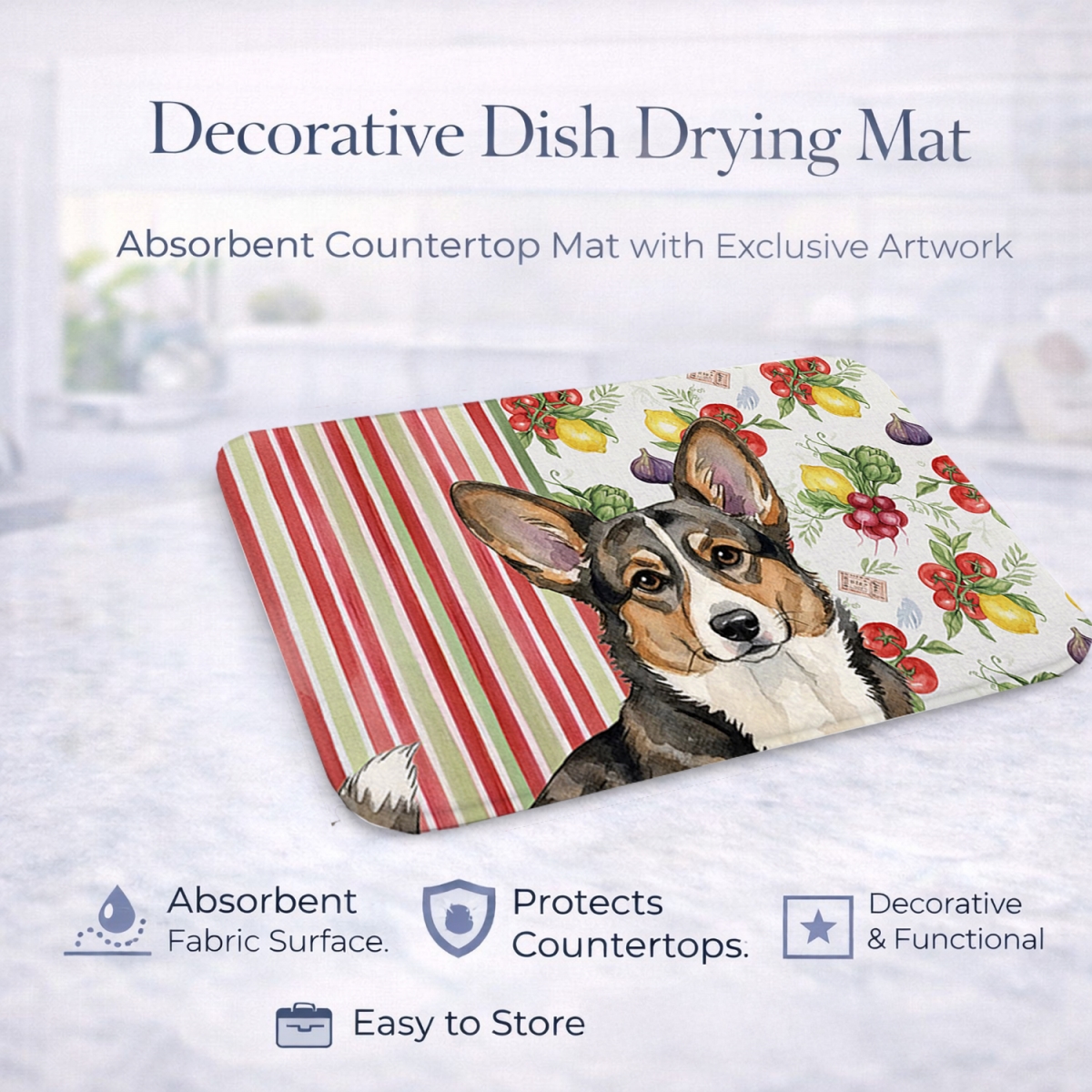 Picture of Carolines Treasures WDK8160DDM 21 x 14 in. Brindle Cardigan Welsh Corgi Vegetables Dish Drying Mat