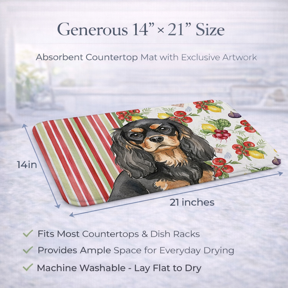 Picture of Carolines Treasures WDK8162DDM 21 x 14 in. Black & Tan Cavalier Spaniel Vegetables Dish Drying Mat