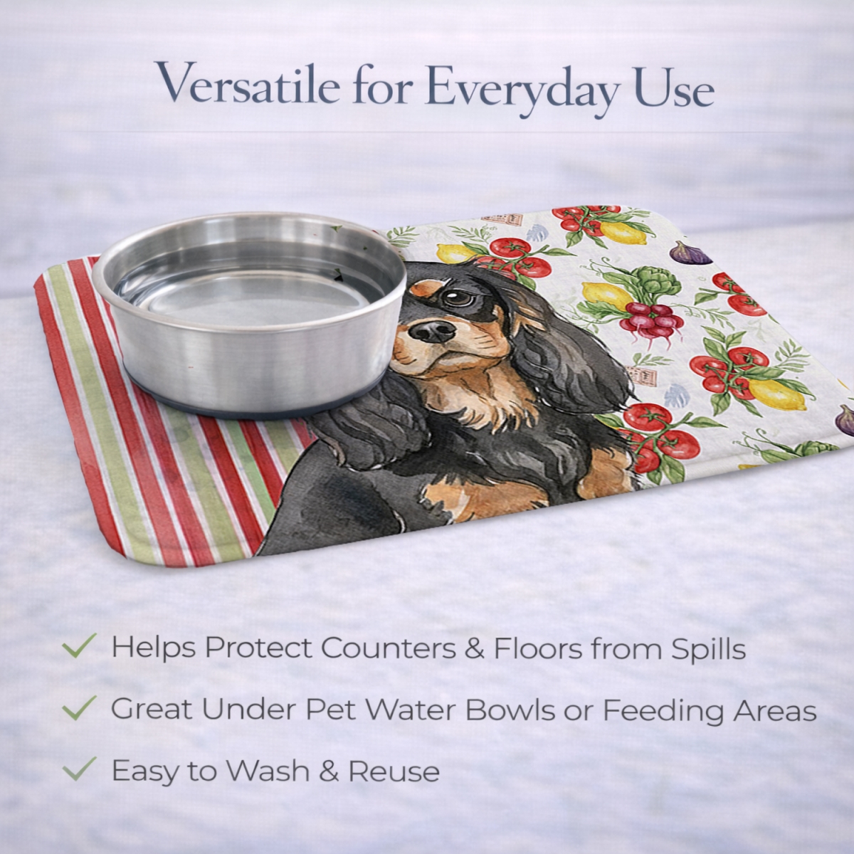 Picture of Carolines Treasures WDK8162DDM 21 x 14 in. Black & Tan Cavalier Spaniel Vegetables Dish Drying Mat