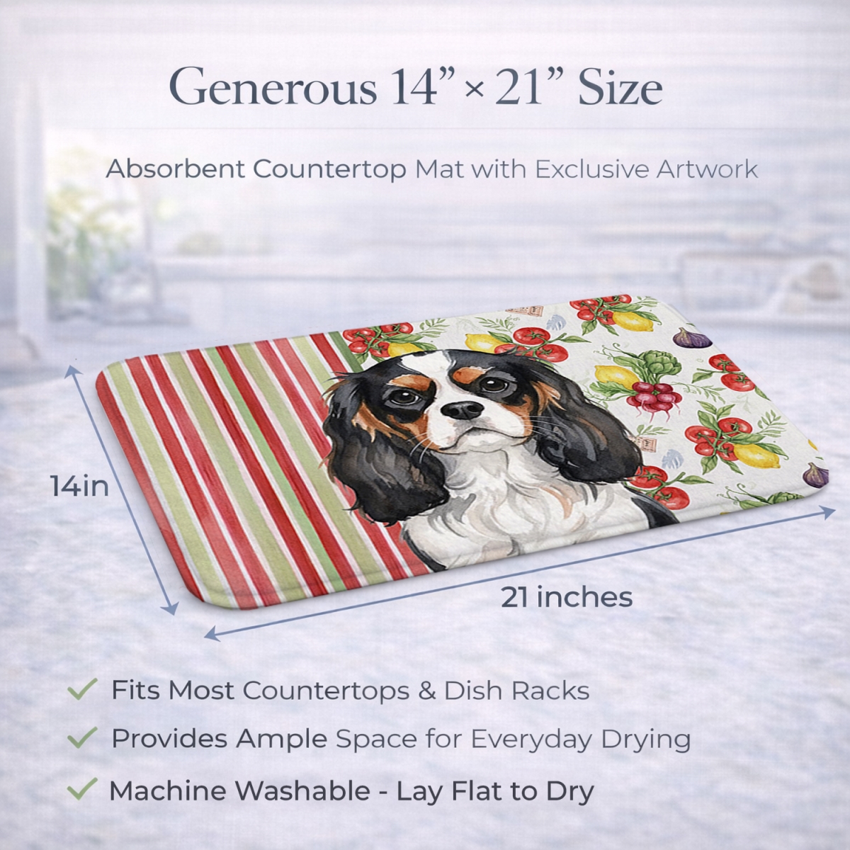 Picture of Carolines Treasures WDK8165DDM 21 x 14 in. Tricolor Cavalier Spaniel Vegetables Dish Drying Mat