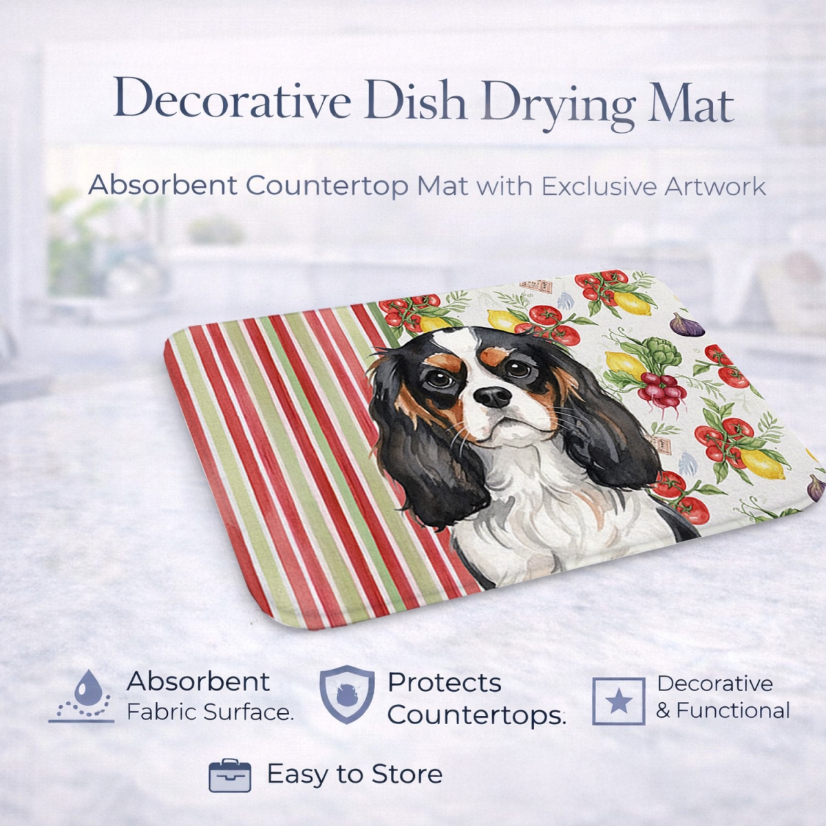Picture of Carolines Treasures WDK8165DDM 21 x 14 in. Tricolor Cavalier Spaniel Vegetables Dish Drying Mat