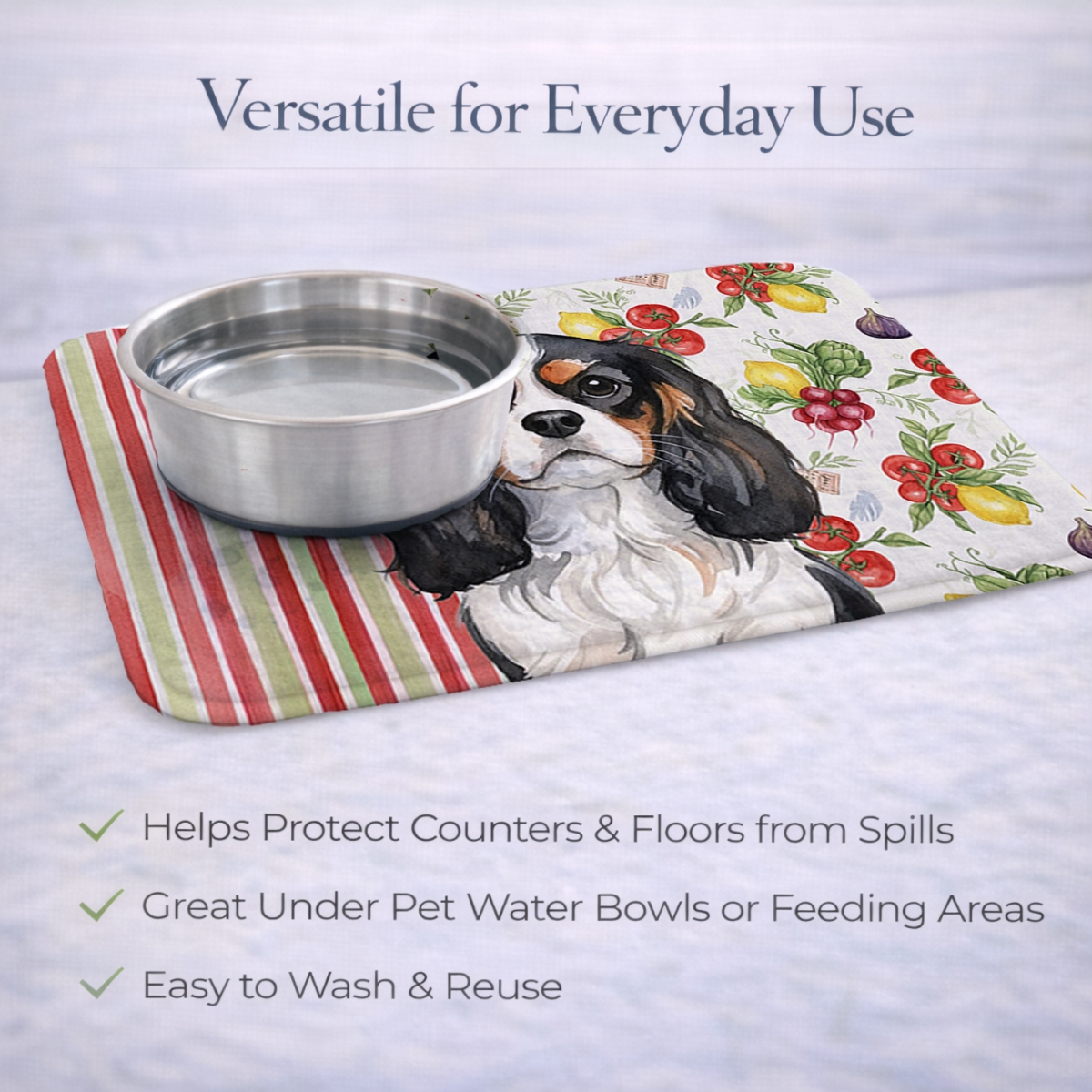 Picture of Carolines Treasures WDK8165DDM 21 x 14 in. Tricolor Cavalier Spaniel Vegetables Dish Drying Mat