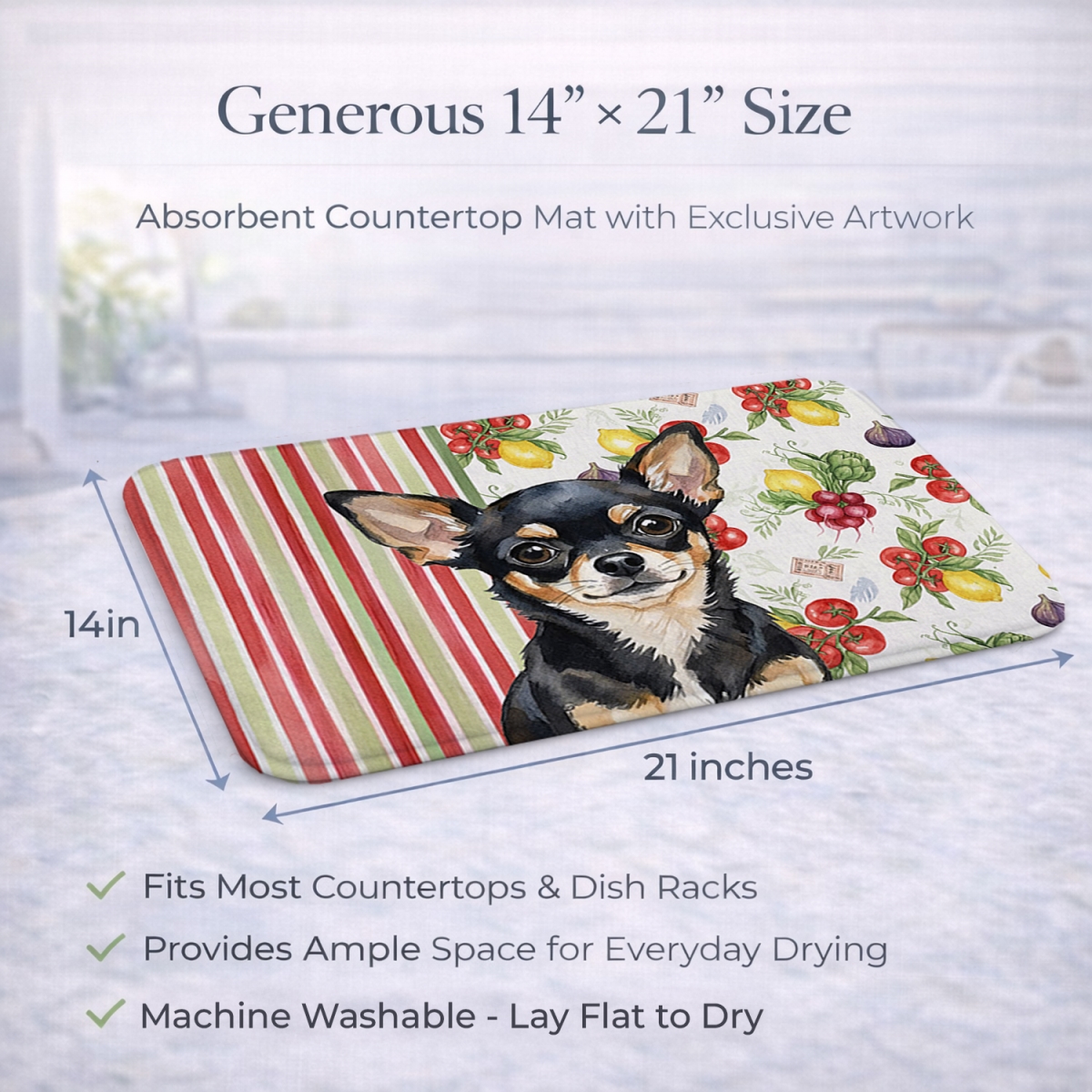 Picture of Carolines Treasures WDK8169DDM 21 x 14 in. Black & Tan Chihuahua Vegetables Dish Drying Mat