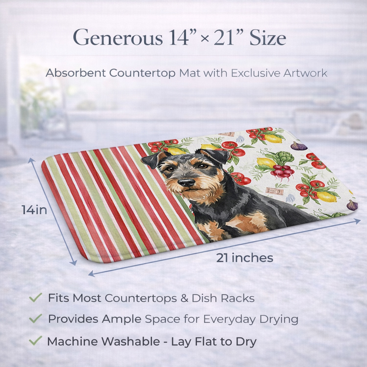 Picture of Carolines Treasures WDK8296DDM 21 x 14 in. Black & Tan Lakeland Terrier Vegetables Dish Drying Mat