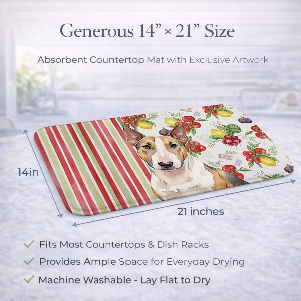 Picture of Carolines Treasures WDK8312DDM 21 x 14 in. Tricolor Miniature Bull Terrier Vegetables Dish Drying Mat