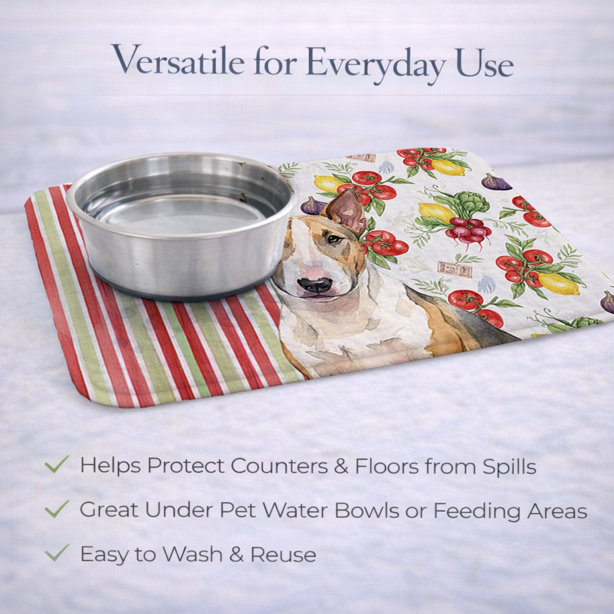Picture of Carolines Treasures WDK8312DDM 21 x 14 in. Tricolor Miniature Bull Terrier Vegetables Dish Drying Mat