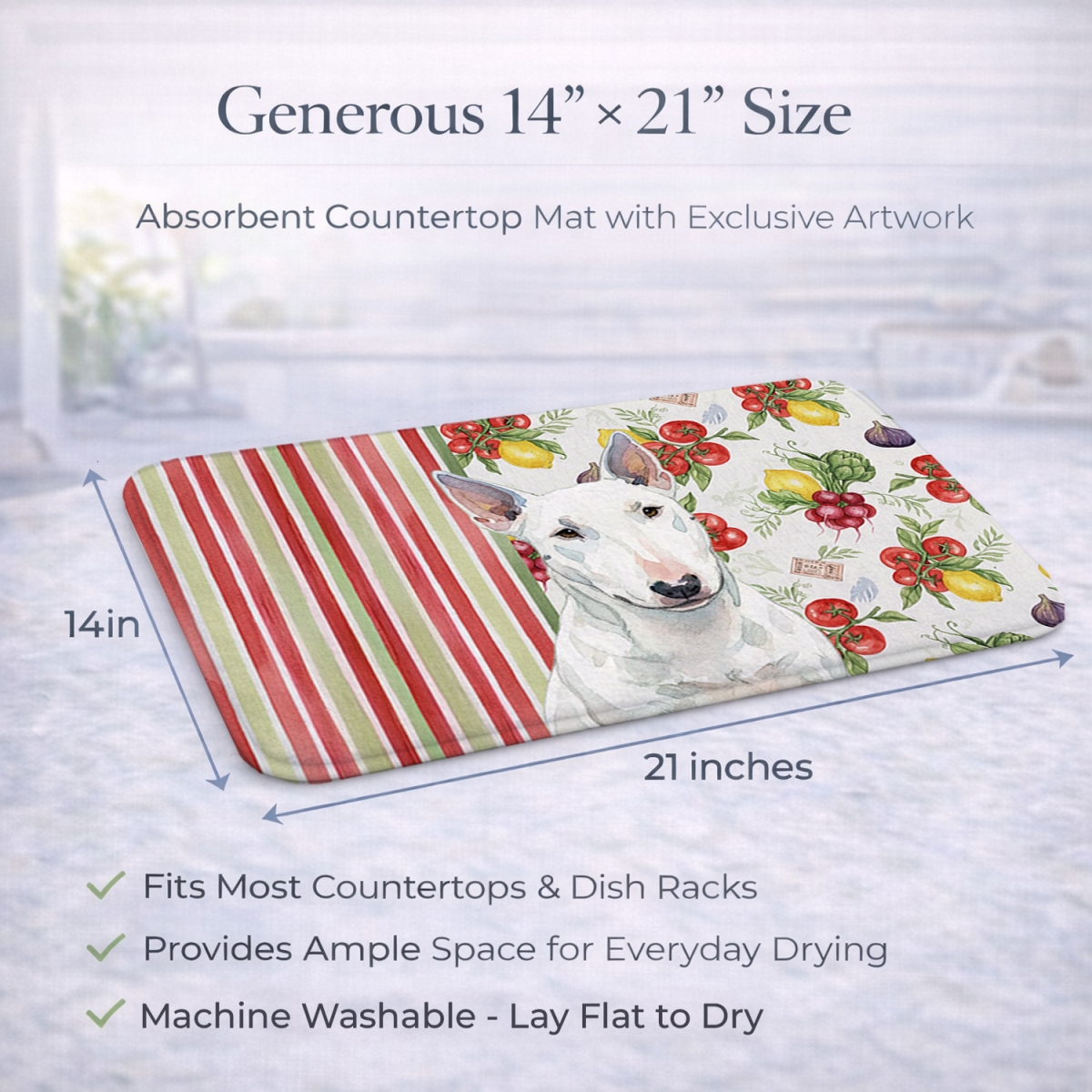 Picture of Carolines Treasures WDK8313DDM 21 x 14 in. White Miniature Bull Terrier Vegetables Dish Drying Mat