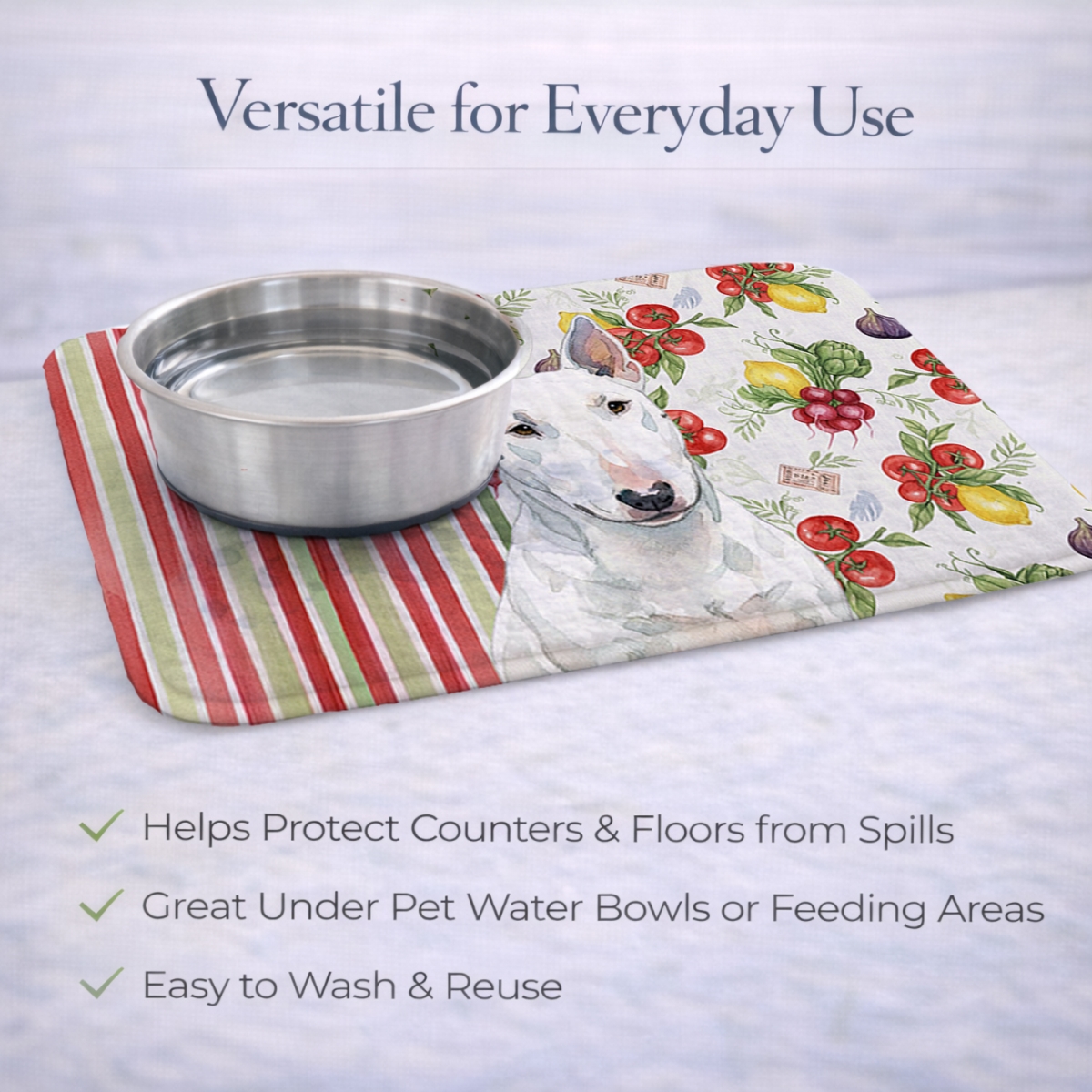 Picture of Carolines Treasures WDK8313DDM 21 x 14 in. White Miniature Bull Terrier Vegetables Dish Drying Mat