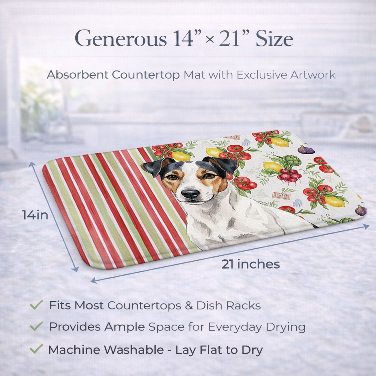 Picture of Carolines Treasures WDK8389DDM 21 x 14 in. White with Black Markings Russell Terrier Vegetables Dish Drying Mat