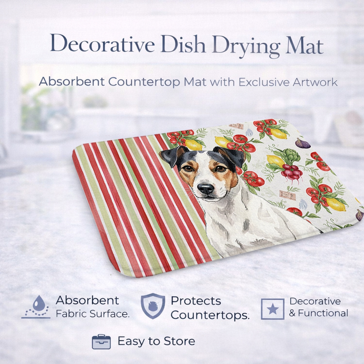 Picture of Carolines Treasures WDK8389DDM 21 x 14 in. White with Black Markings Russell Terrier Vegetables Dish Drying Mat